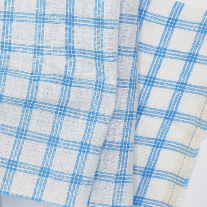 Azure Blue Plaid Linen Fabric: Lightweight Sheer