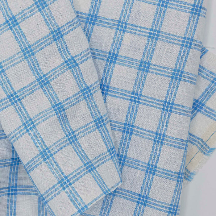 Azure Blue Plaid Linen Fabric: Lightweight Sheer