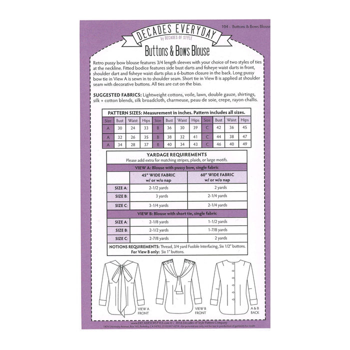 Buttons and Bows Blouse Vintage Style Sewing Pattern