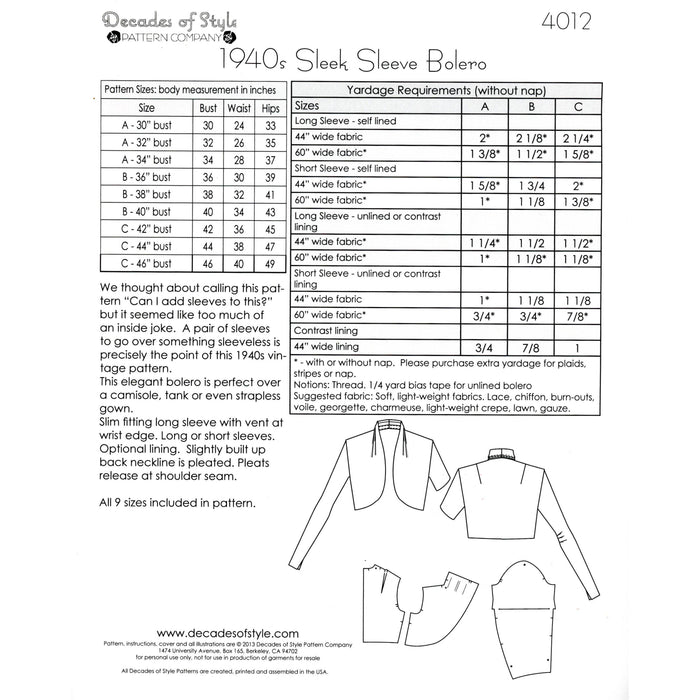 Sleek Sleeve Bolero Vintage Style Sewing Pattern