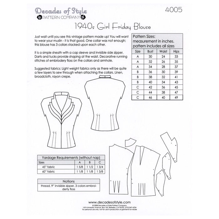 Girl Friday Blouse Vintage Style Sewing Pattern