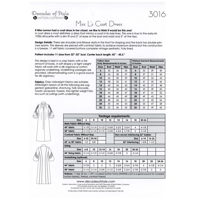 Miss L's Coat Dress Vintage Style Sewing Pattern