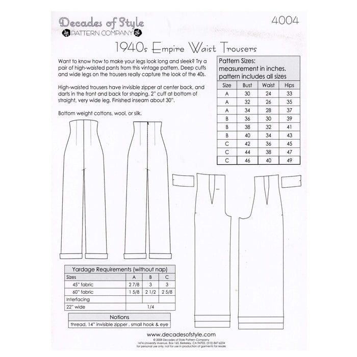 Empire Waist Trousers Vintage Style Sewing Pattern