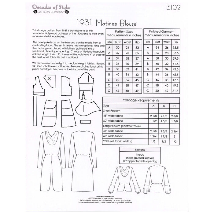 Matinee Blouse Vintage Style Sewing Pattern