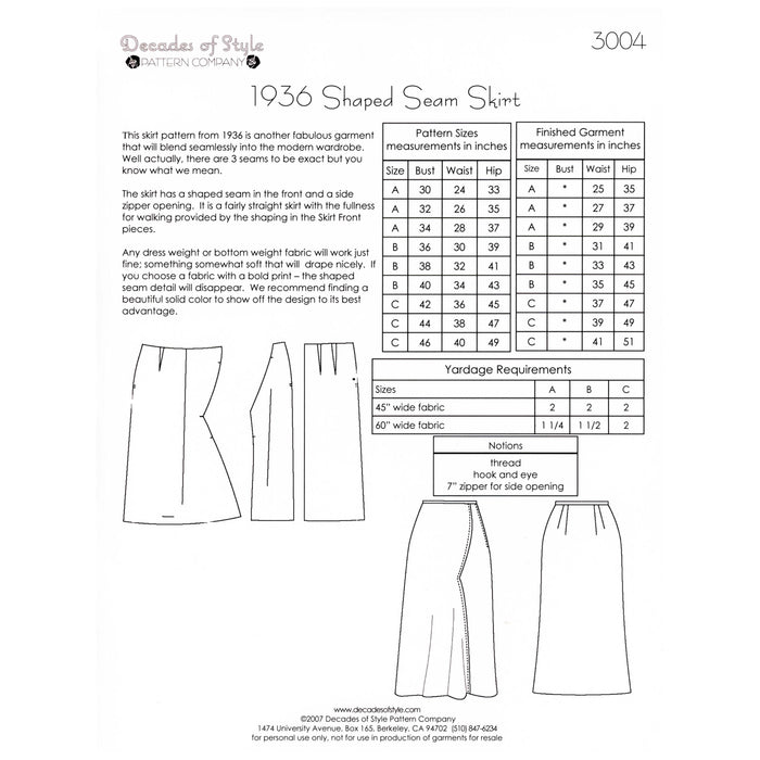 Shaped Seam Skirt Vintage Style Sewing Pattern