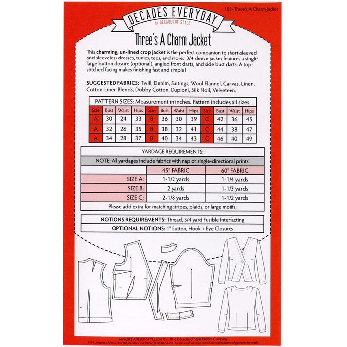Three's a Charm Jacket Vintage Style Sewing Pattern