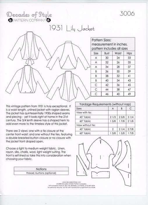 Lily Jacket Vintage Style Sewing Pattern