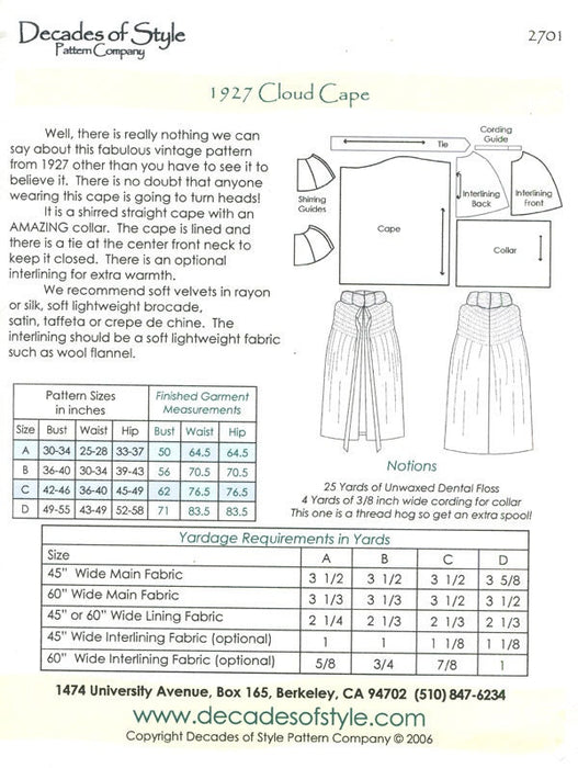 Cloud Cape Vintage Style Sewing Pattern