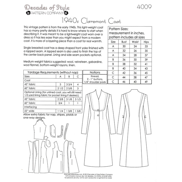 Claremont Coat Vintage Style Sewing Pattern