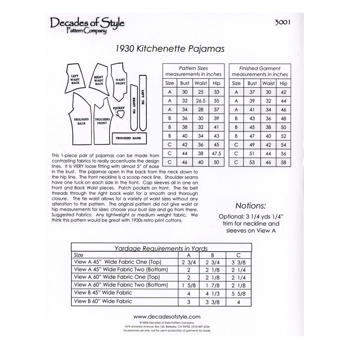 Kitchenette Pajamas Vintage Style Sewing Pattern