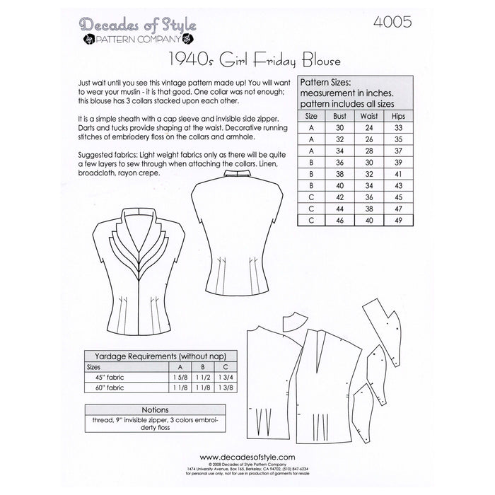 Girl Friday Blouse Vintage Style Sewing Pattern