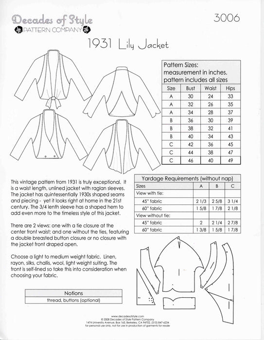 Lily Jacket Vintage Style Sewing Pattern