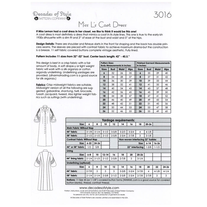 Miss L's Coat Dress Vintage Style Sewing Pattern