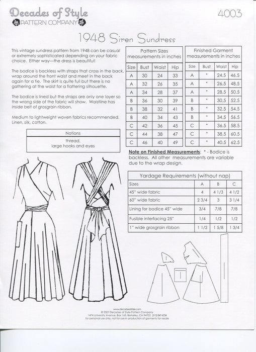 Siren Sundress Sewing Pattern 1948 Decades of Style Vintage Style Sewing Pattern