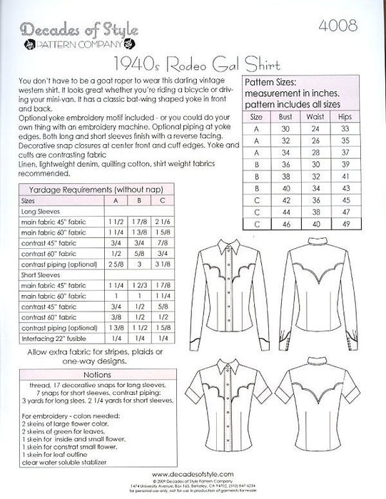 Rodeo Gal Shirt 1940's  Decades of Style Vintage Style Sewing Pattern