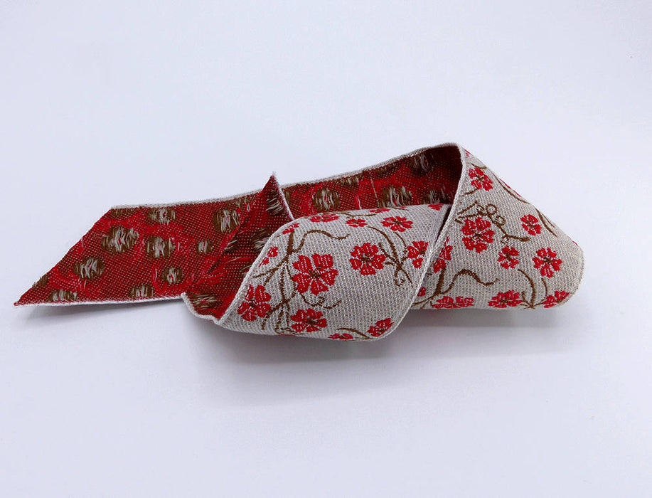 Linen Red Flower Jacquard Ribbon Made in France 2 Inches wide