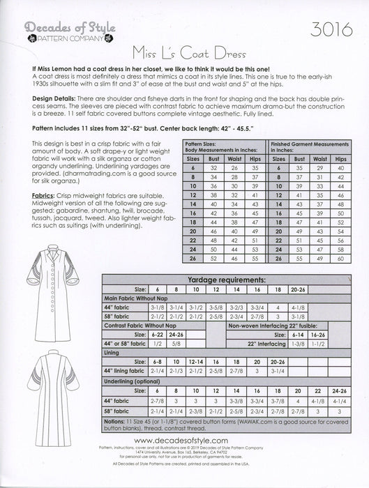 Miss L's Coat Dress 1930's Sewing Pattern