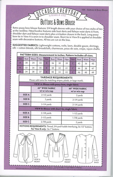 Buttons and Bows Blouse Sewing Pattern