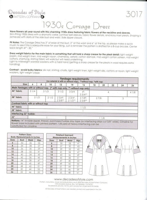 Corsage Dress  1930s Sewing Pattern