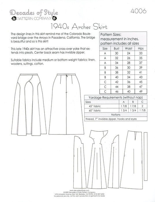 Arches Skirt 1940' Sewing Pattern