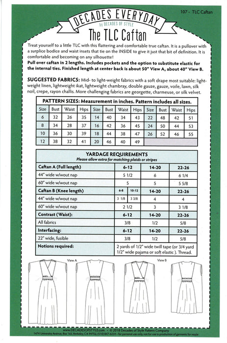 TLC Caftan Decades of Style Sewing Pattern