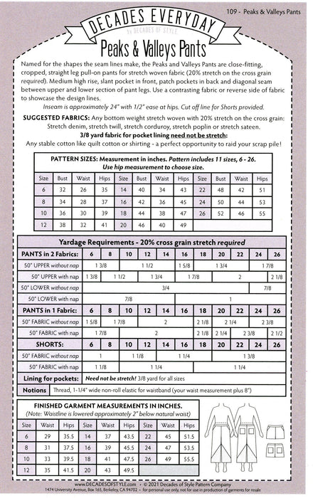 Peaks and Valleys Pant Decades of Style Vintage Style Sewing Pattern