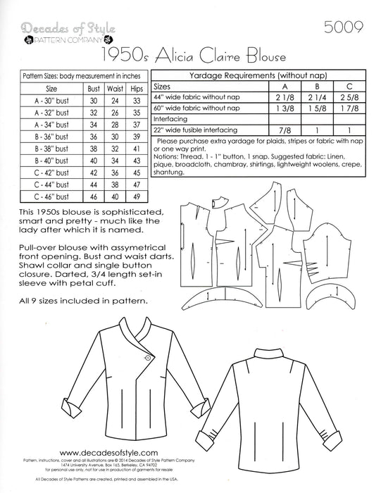 Alicia Claire Blouse 1950  Decades of Style Vintage Style Sewing Pattern