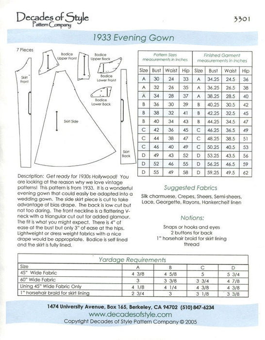 Evening Gown 1933  Decades of Style Vintage Style Sewing Pattern