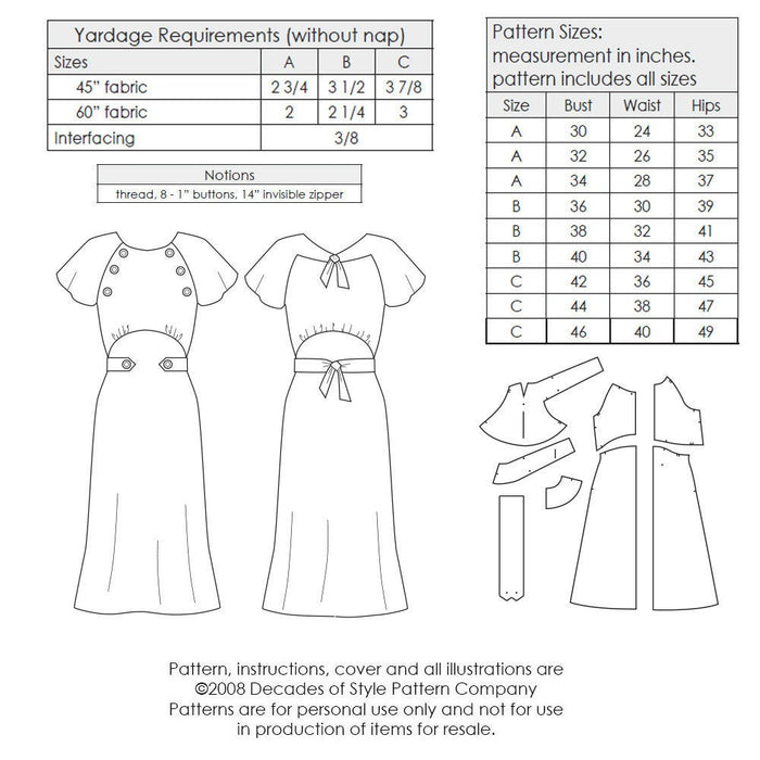 Button Dress 1930 Sewing Pattern