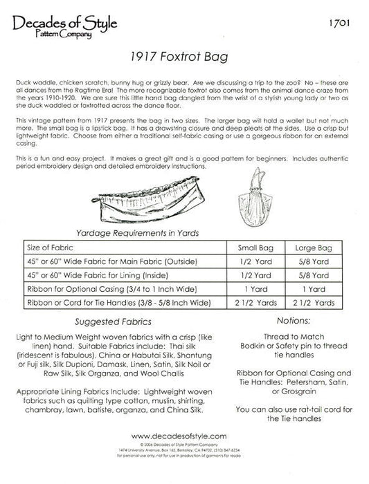 Foxtrot Bag 1917 Sewing Pattern