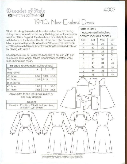 New England Dress 1940 Sewing Pattern