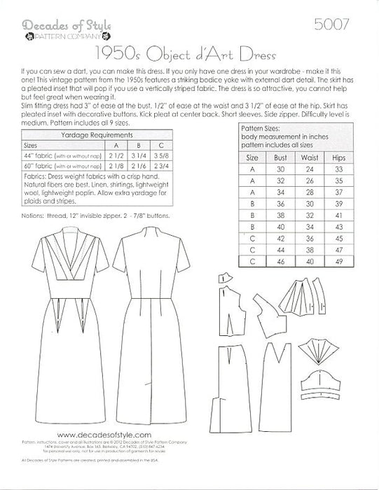 Object d'Art Dress 1950 Sewing Pattern