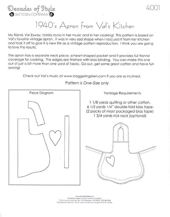 Val's Apron  Decades of Style Vintage Style Sewing Pattern