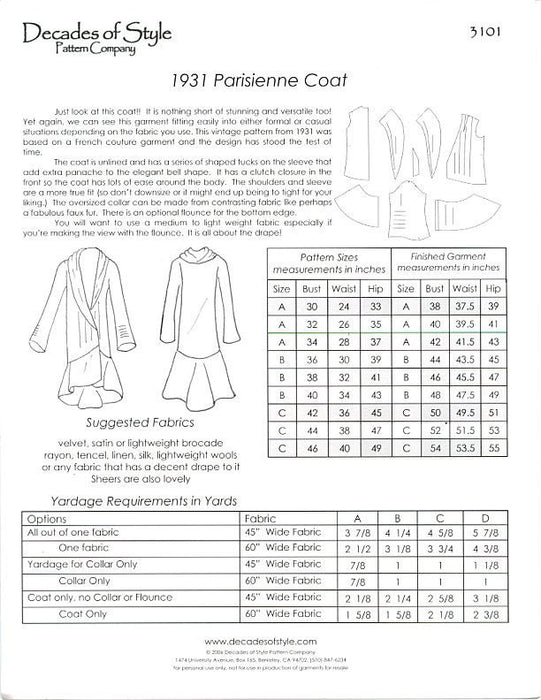 Parisienne Coat 1931  Decades of Style Vintage Style Sewing Pattern