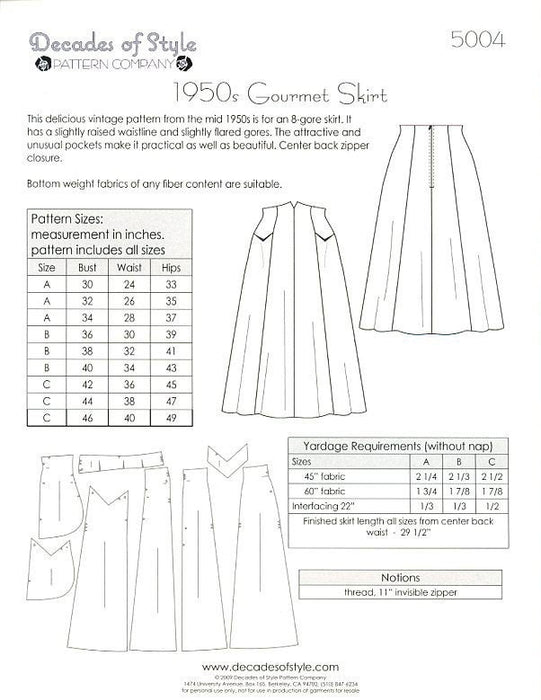 Gourmet Skirt 1950 Sewing Pattern
