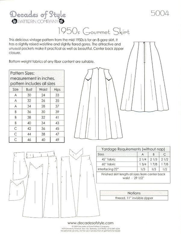 Gourmet Skirt 1950 Sewing Pattern– Selvedge Studio
