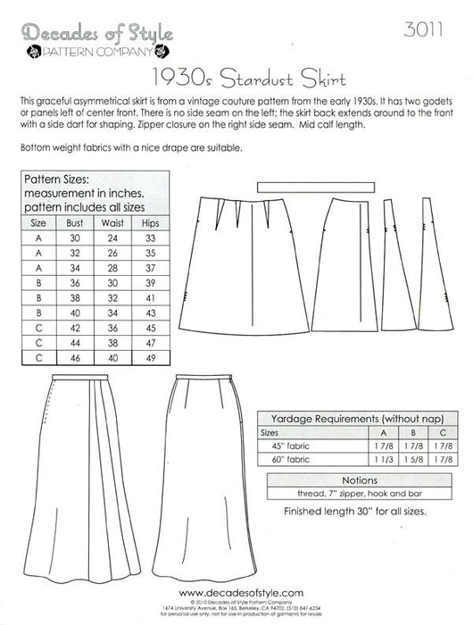 Stardust Skirt 1930's Decades of Style Vintage Style Sewing Pattern