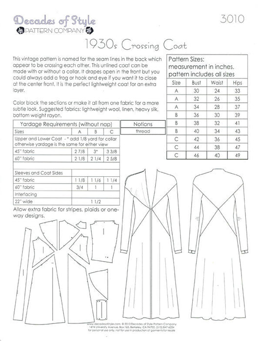 Crossing Coat 1930's Sewing Pattern