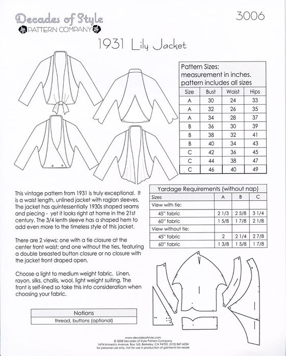 Lily Jacket 1930  Decades of Style Vintage Style Sewing Pattern