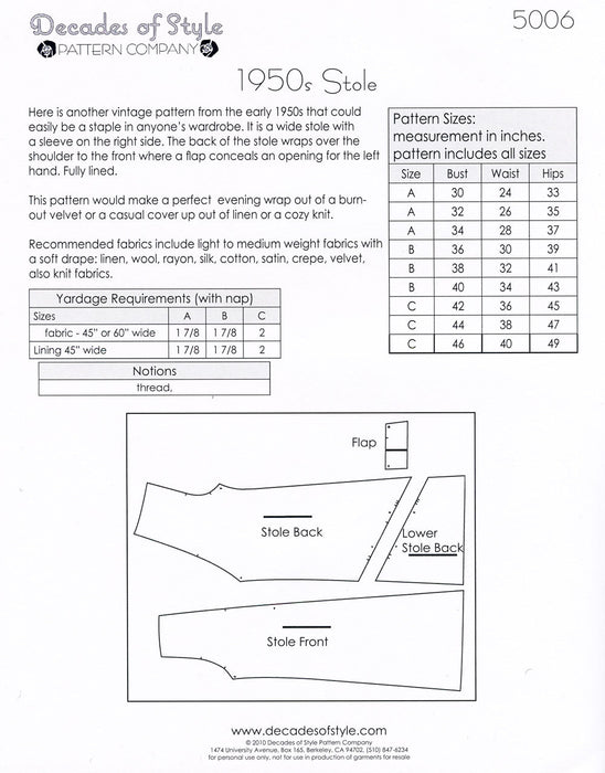 Stole Pattern 1950 Sewing Pattern